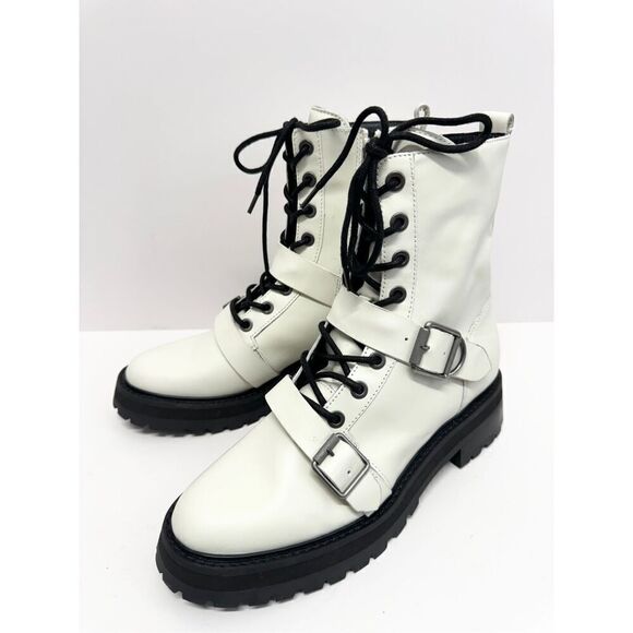 Dolce Vita Combat Boots Size 8 White Leather Round Toe Lace Up Buckle Detail NEW - Picture 2 of 10